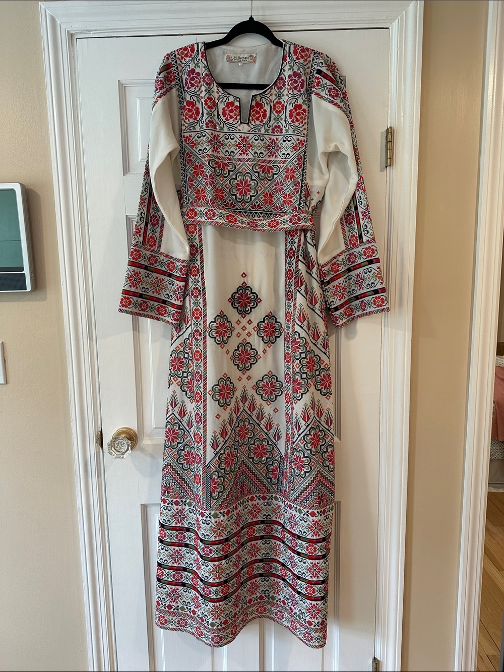 Embroidered White Palestinian Maxi Dress with Red Floral Motif